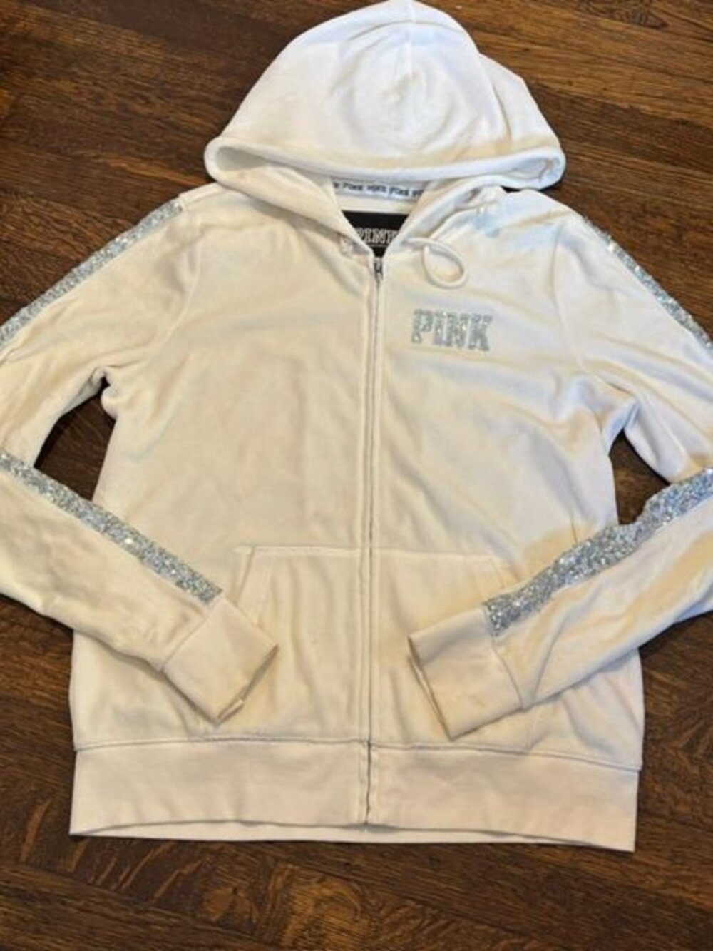 Victoria's Secret PINK Cream Velour Silver Sequin Full Zip Hooded Jacket Large